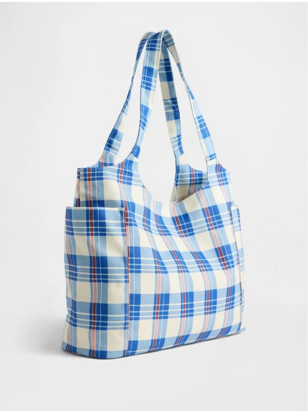 GAP Linen Cotton Tote Bag in Blue Madras Plaid - Picture 2 of 9